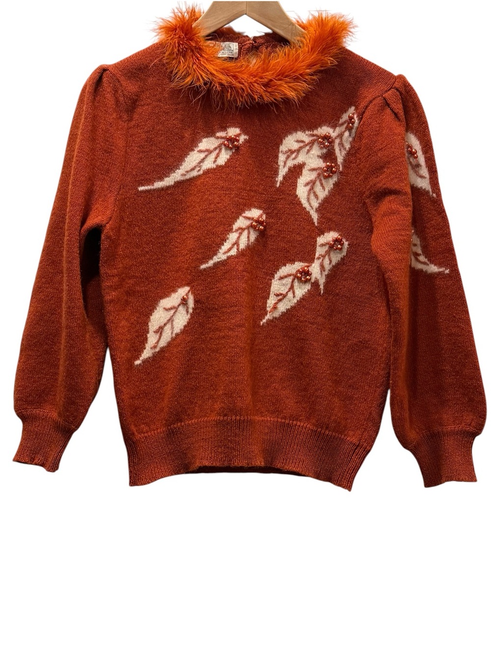 Vintage 80s Wool Sweater Feather Collar Beaded Leaves Puff Sleeve S